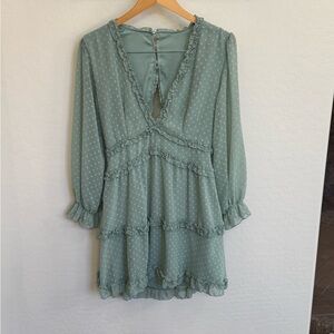 Happy Sailed Women's Sage Green Ruffle Polka Dot V-Neck Dress with Open Back Med